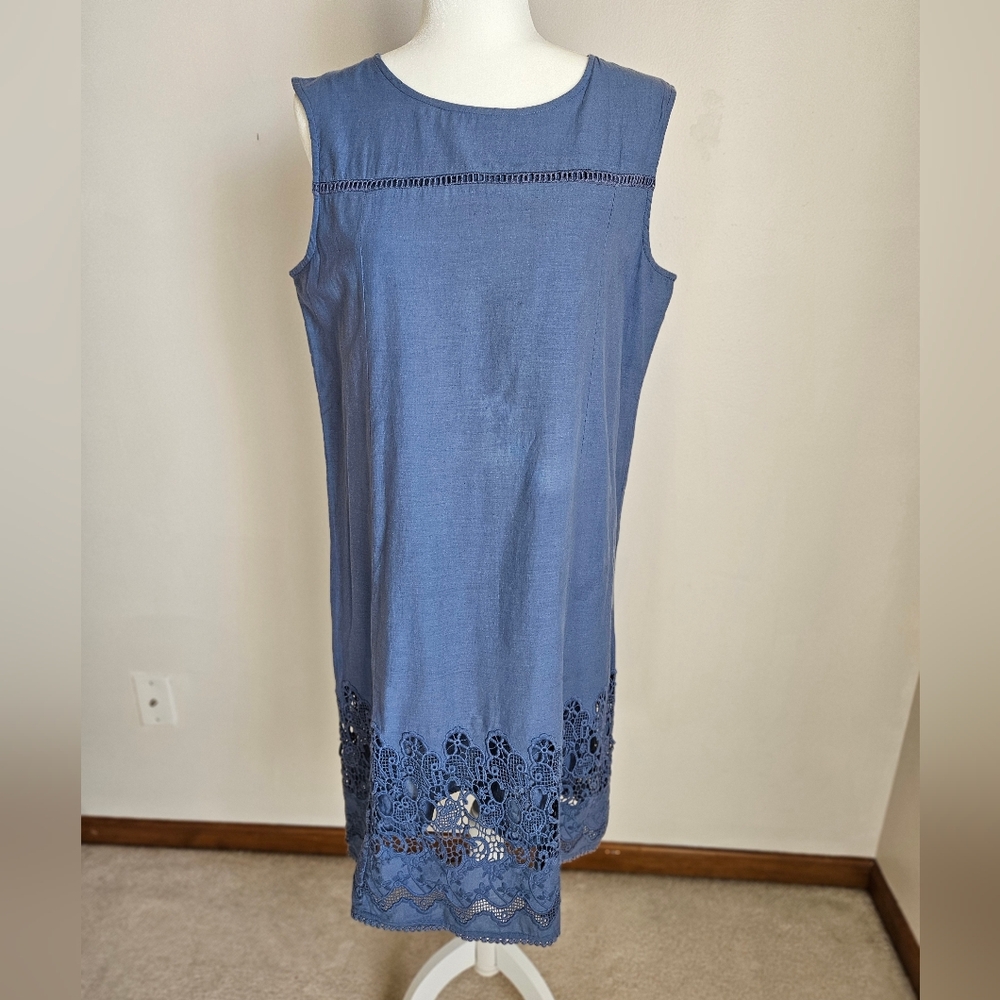 Fresh Produce 100% Cotton Chambray Midi Dress Lace Sleeveless Coastal Boho LG